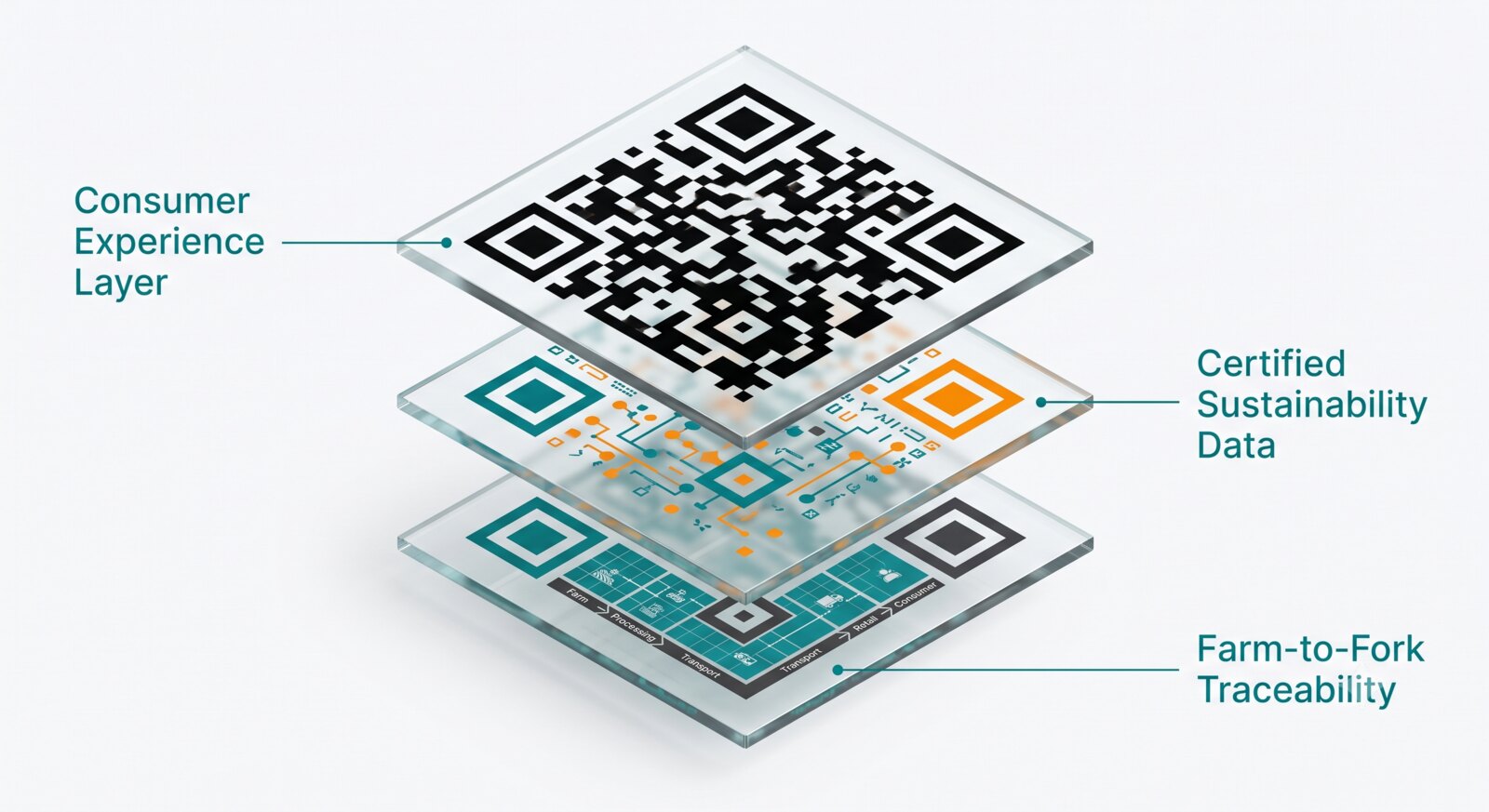 Layered glass panels forming a QR code — a Digital Link's layers of product information.