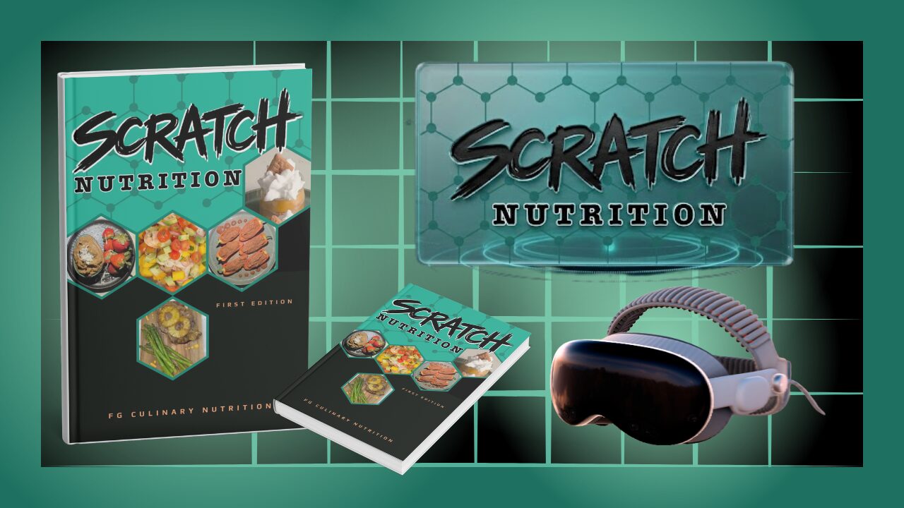 Afro-Caribbean and Afro-Hispanic dishes surrounding the Scratch Nutrition manual and an Apple Vision Pro.