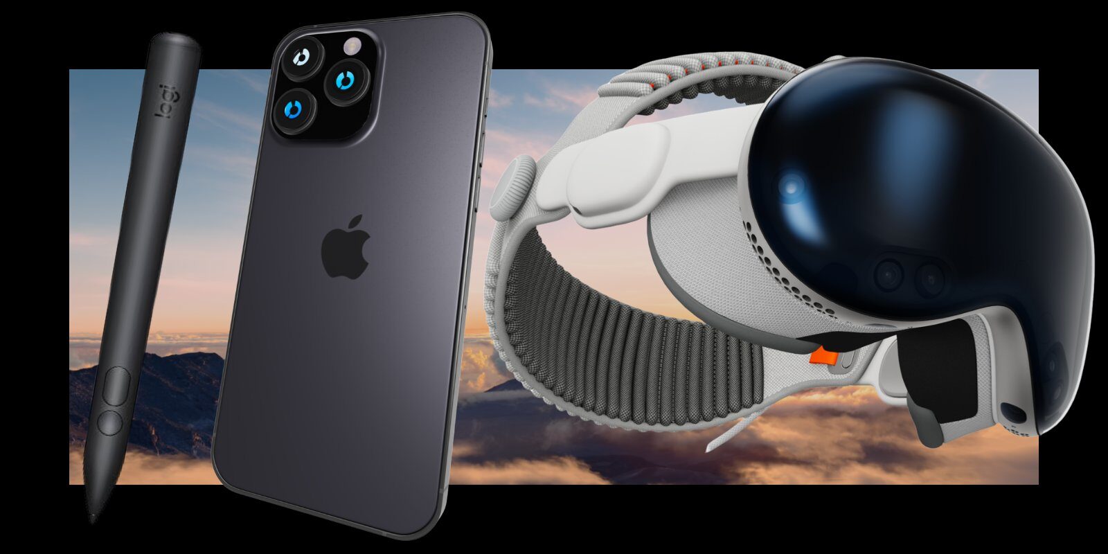 Apple Vision Pro and a stylus above a mountain landscape — the tools of spatial computing.