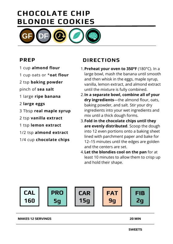 Chocolate Chip Blondie Cookies recipe card