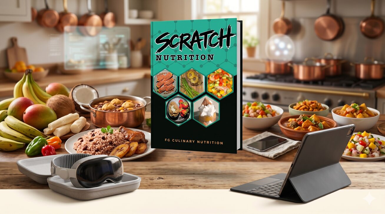 The Scratch Nutrition manual in print and digital, alongside an Apple Vision Pro headset.