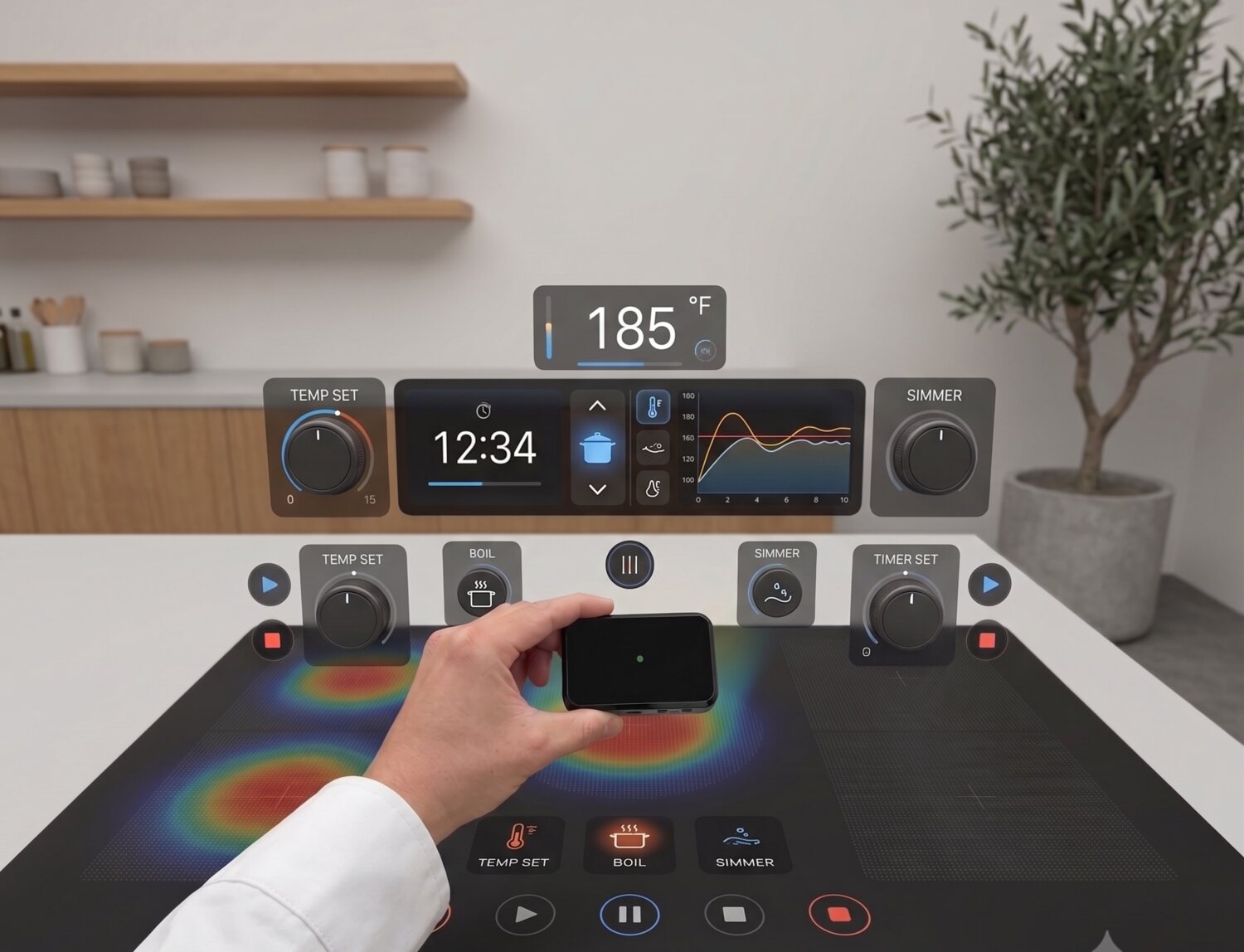 A hand placing a small tracking device on a cooktop as spatial controls and readouts appear anchored around it.