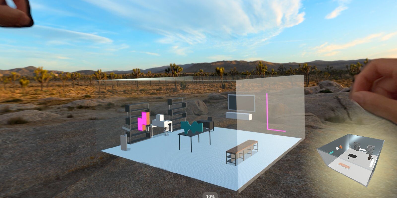 A 3D room layout anchored into a physical outdoor space, viewed through spatial computing.